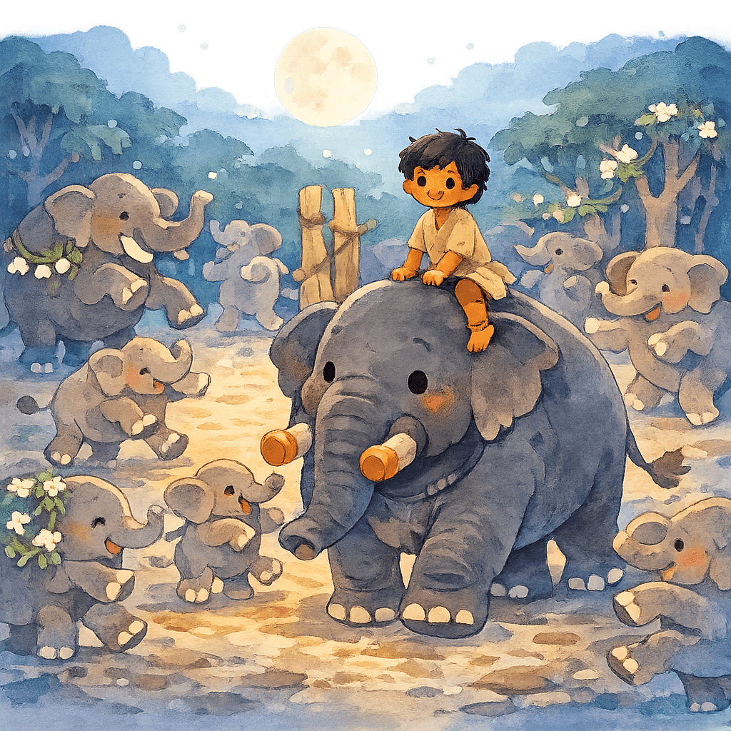 Лунная поляна, множество слонов двигаются в танце, Тумаи на шее Кала Нага наблюдает