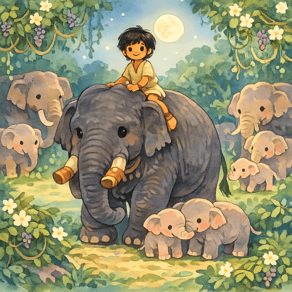 Мальчик Тумаи верхом на огромном слоне Кала Наге среди ночной джунглевой поляны, вокруг танцуют таинственные слоны