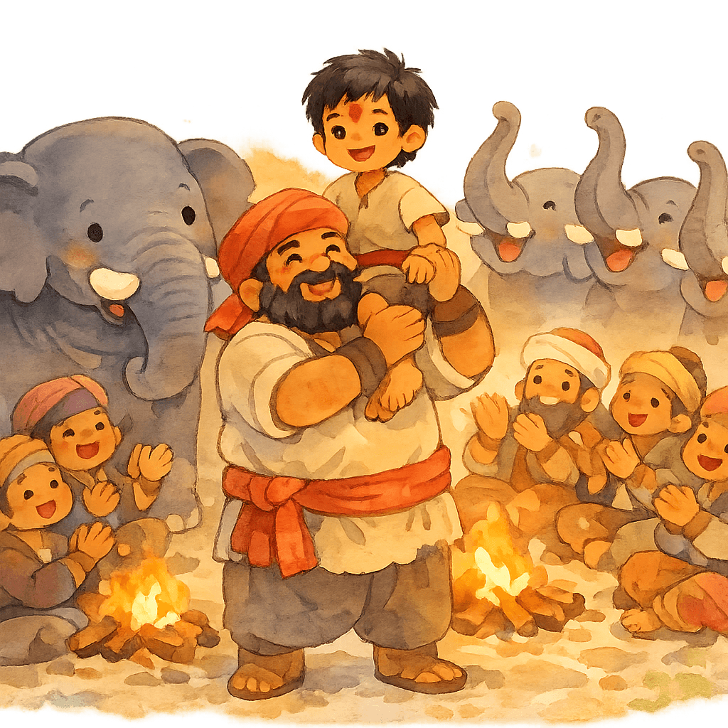 В лагере Тумаи становится почетным охотником, вокруг костры и ликующие ловцы слонов