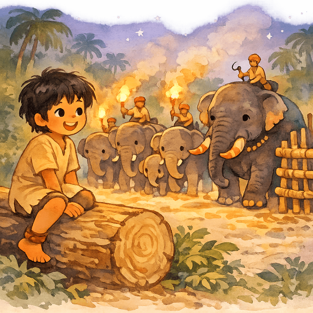 Тумаи на верхушке бревна, наблюдает за поимкой диких слонов ночью при факелах