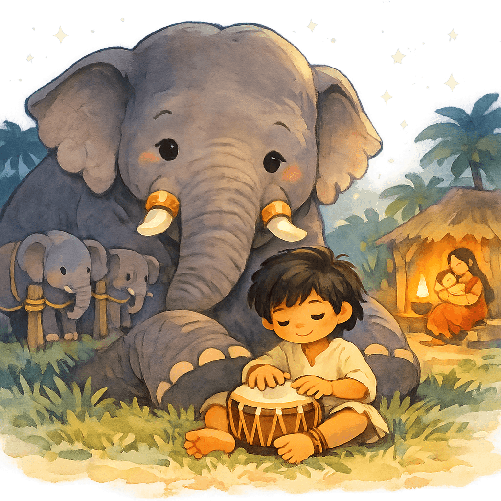 Тумаи играет на барабане у Кала Нага ночью на поляне, вокруг спят и трубят слоны