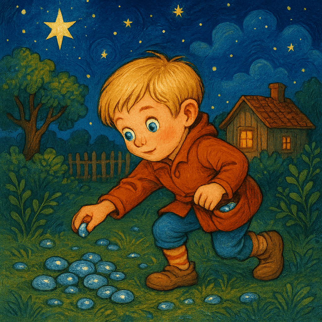 Мальчик-с-пальчик собирает камешки ночью во дворе