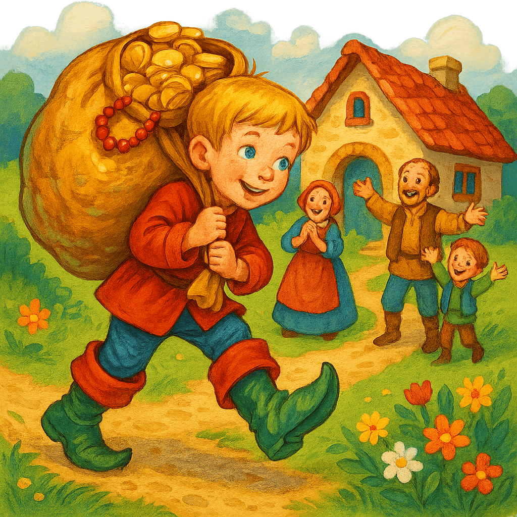 Мальчик-с-пальчик возвращается домой в сапогах с золотом