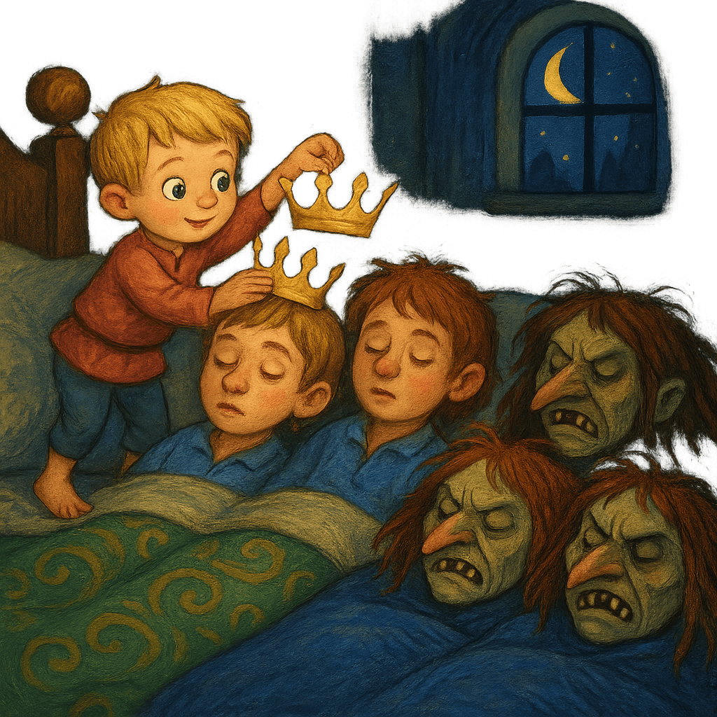 Мальчик-с-пальчик переодевает братьев, меняя местами короны и шапки
