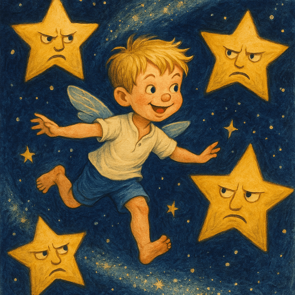 Шалунишка с крылышками летает среди звёздочек на ночном небе