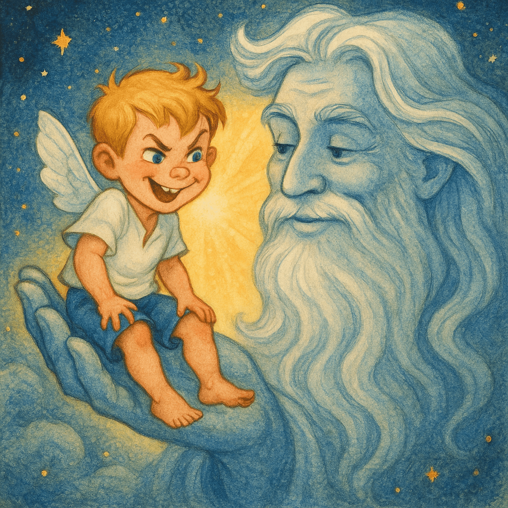 Ветер держит шалунишку на ладони и направляет его в сад