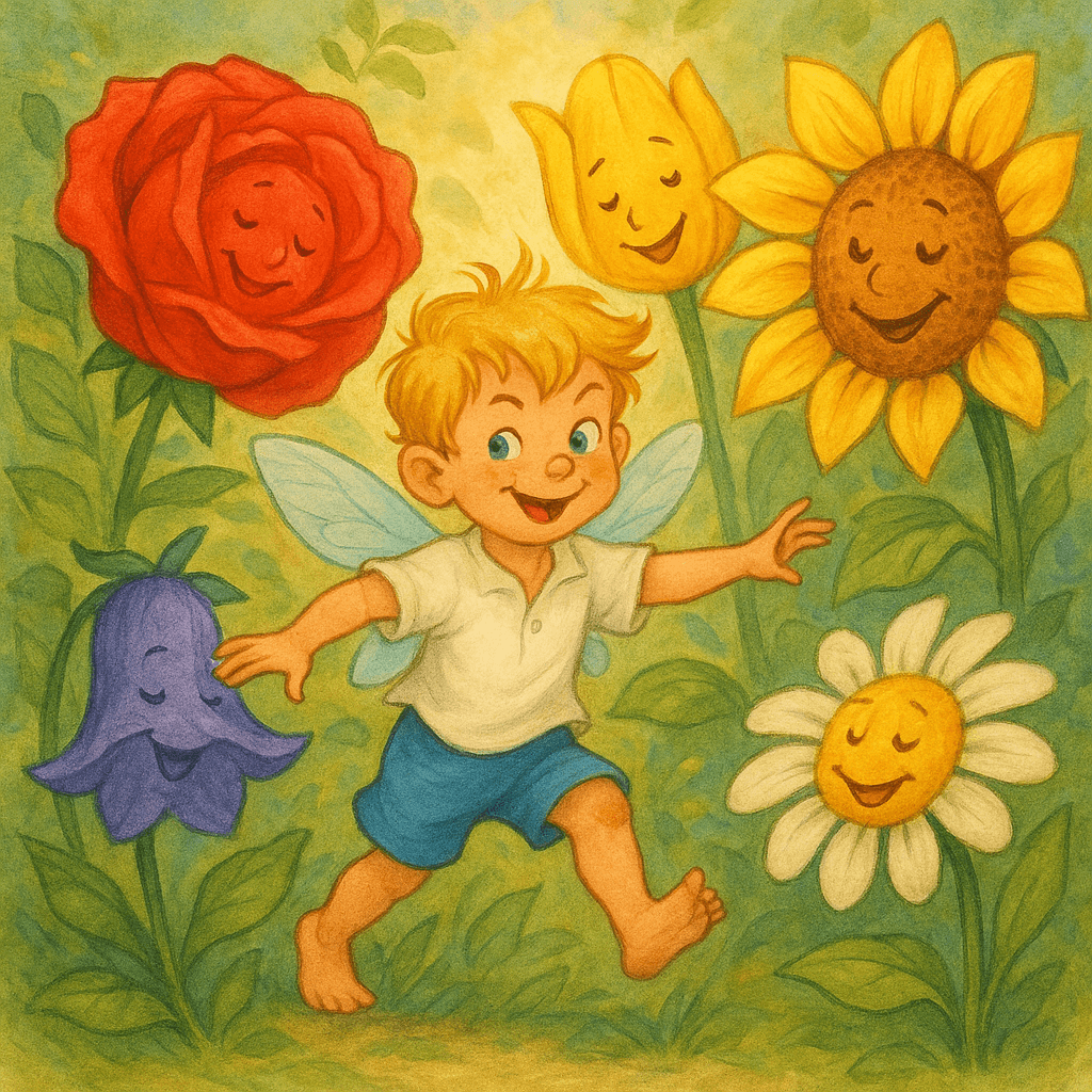 Шалунишка играет на большом цветочном лугу