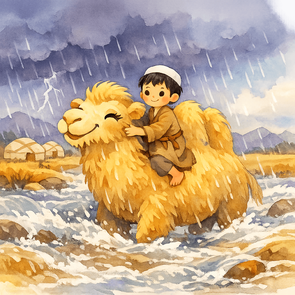 Ярты на спине старого верблюда в степи под проливным дождем