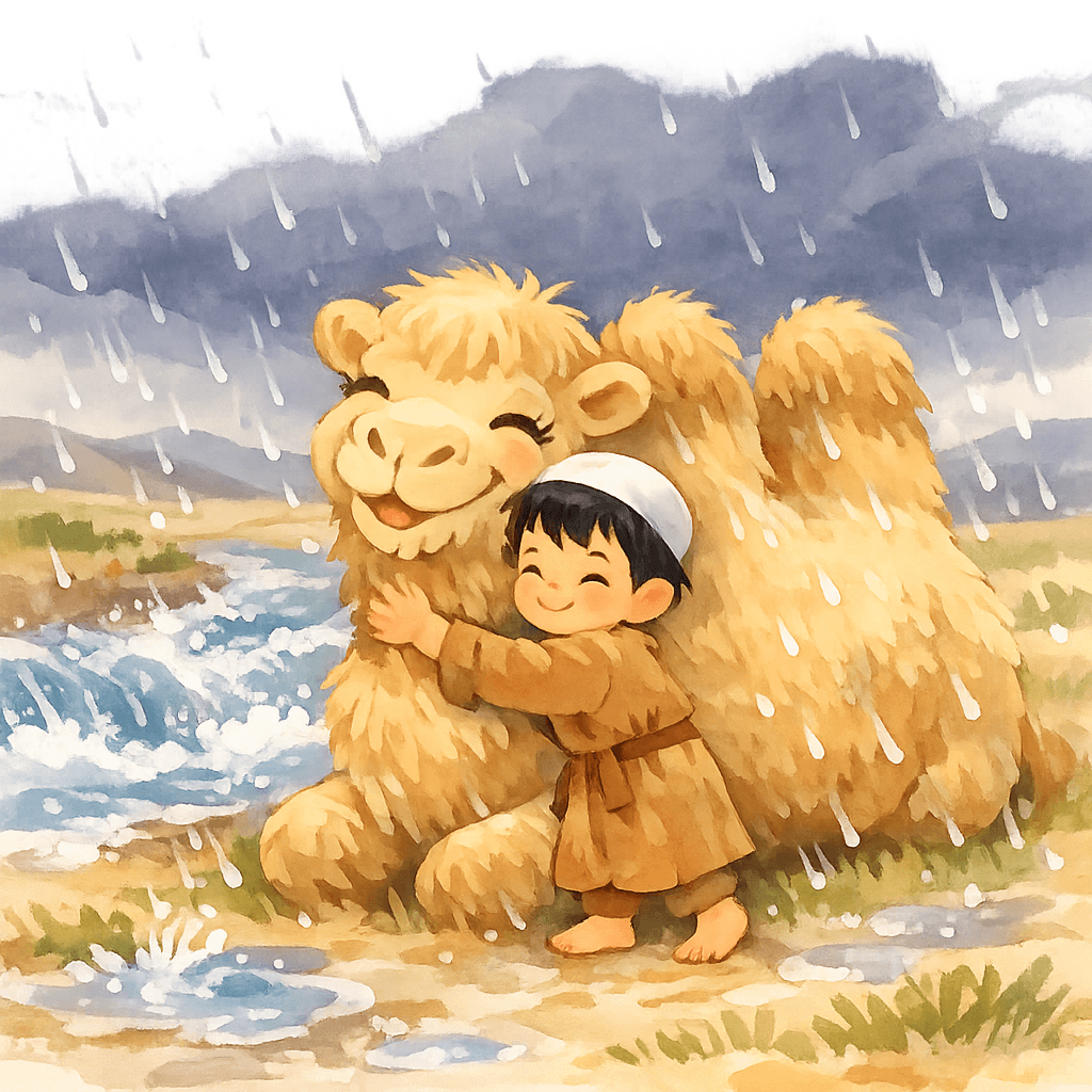 Ярты держится за шею верблюда в степи под страшным ливнем