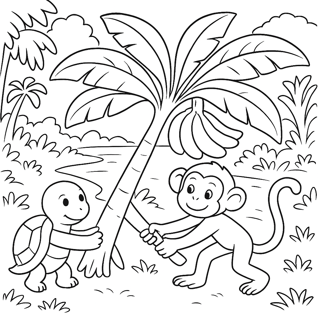 Раскраски: Черепаха, обезьяна и банановое дерево
