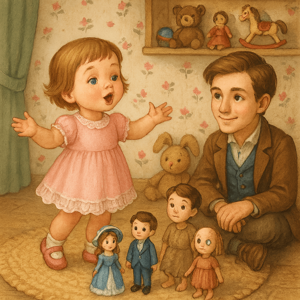 Амалия поёт песню куклам, студент сидит рядом и улыбается