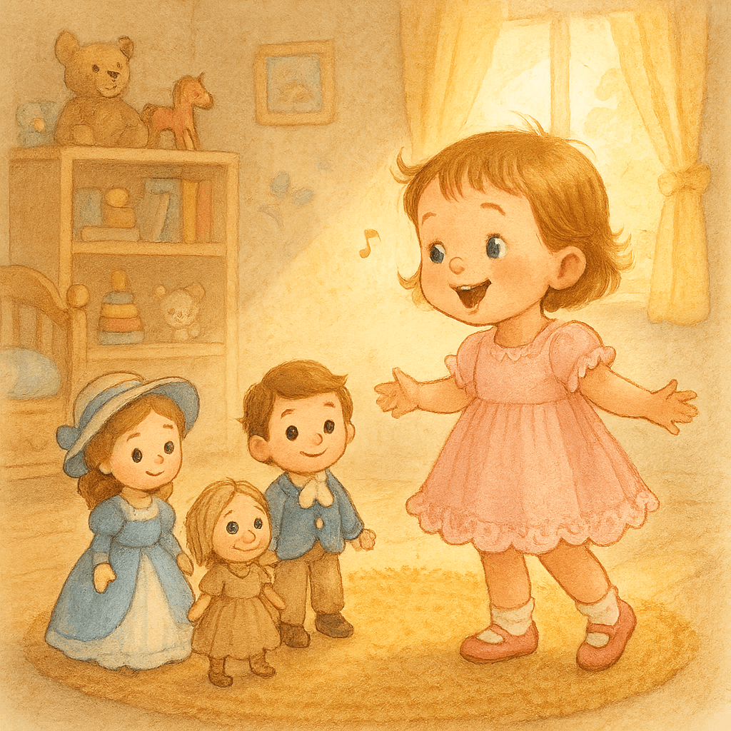 Амалия поёт весёлую песню куклам в светлой комнате