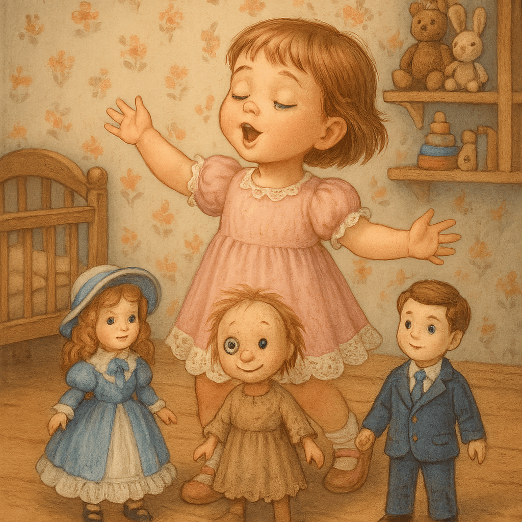 Маленькая Амалия поёт и танцует с куклами в детской комнате