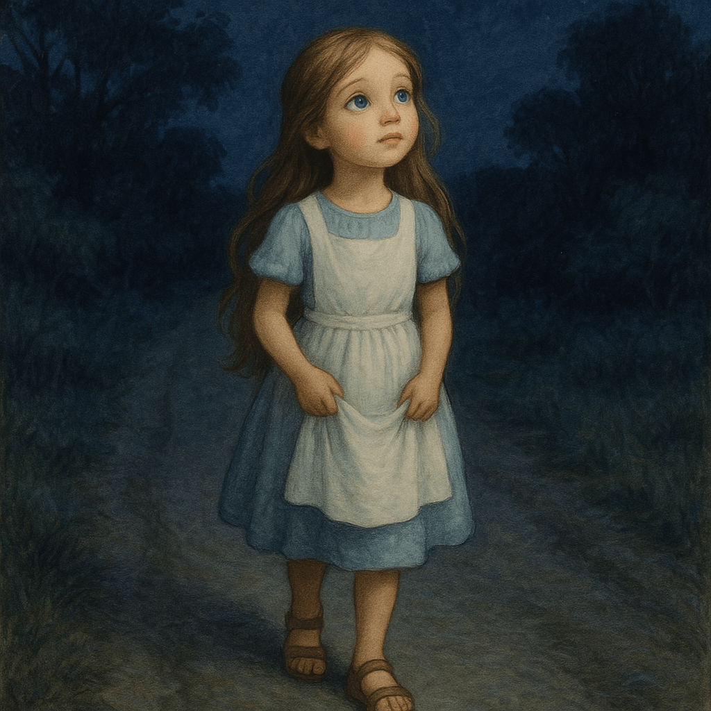 Девочка одна идёт по ночной дороге