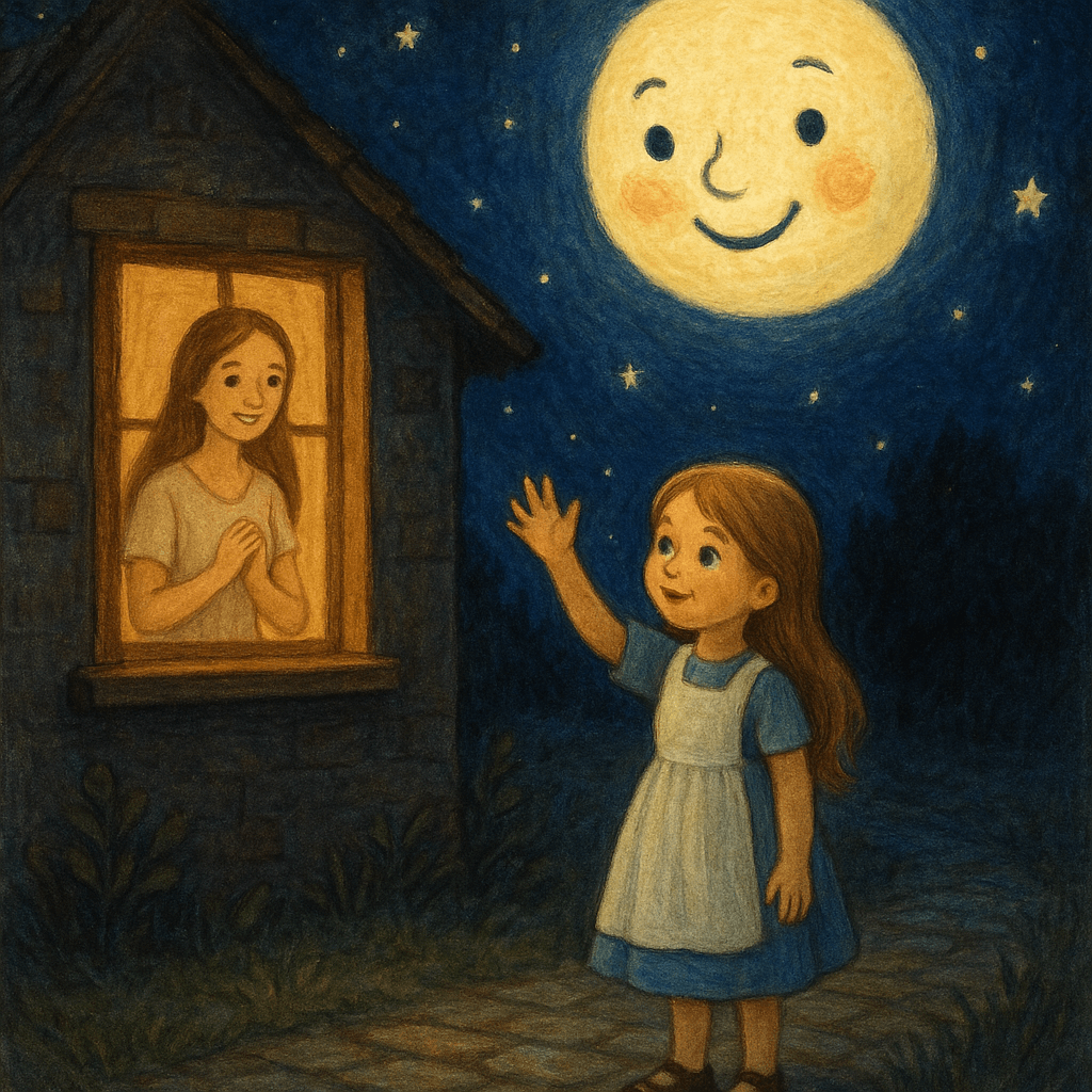 Девочка возле дома машет рукой Луне, в окне мама