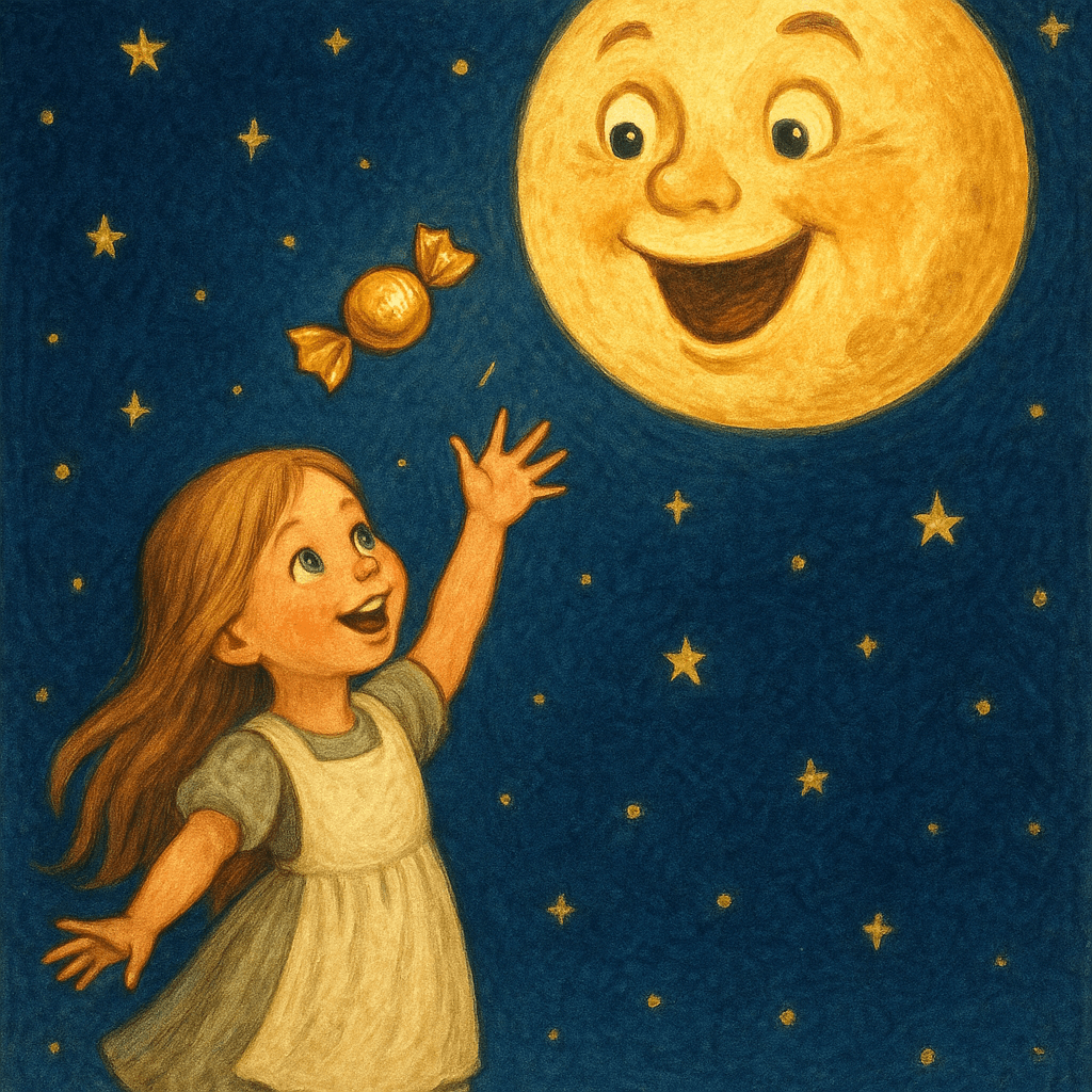 Девочка бросает конфетку на Луну