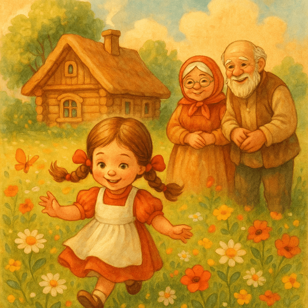 Машенька играет возле дома, рядом бабушка и дедушка