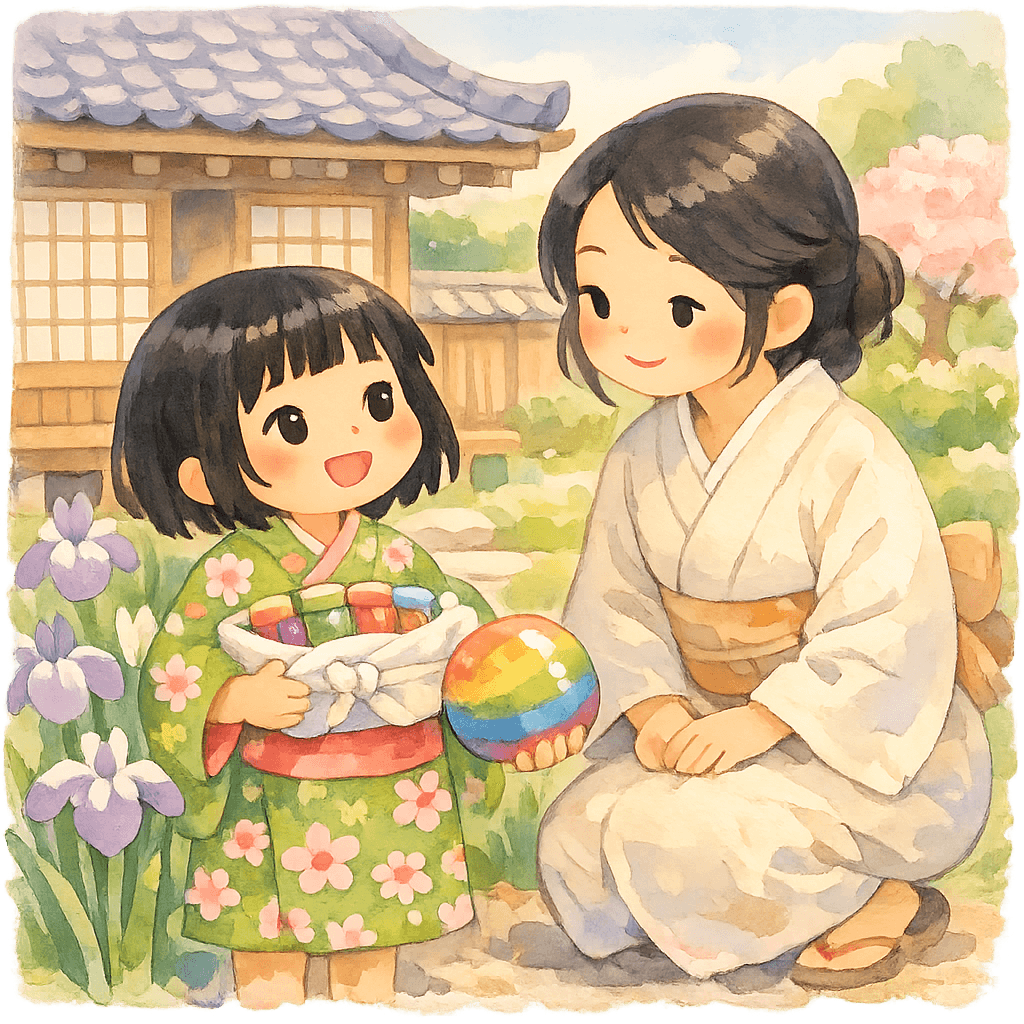 Девочка с баночками и шаром у дома в саду.