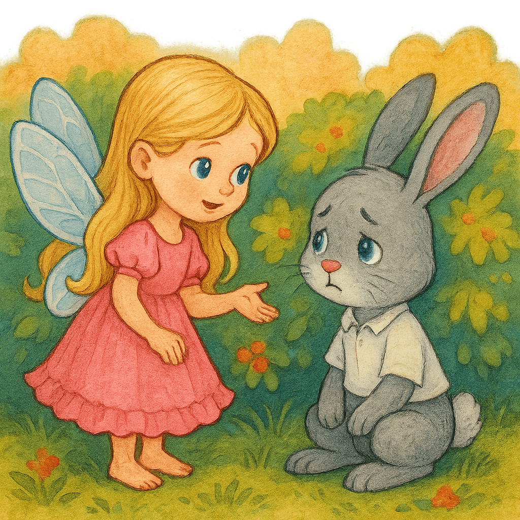 Феечка утешает грустного Зайчика у кустов