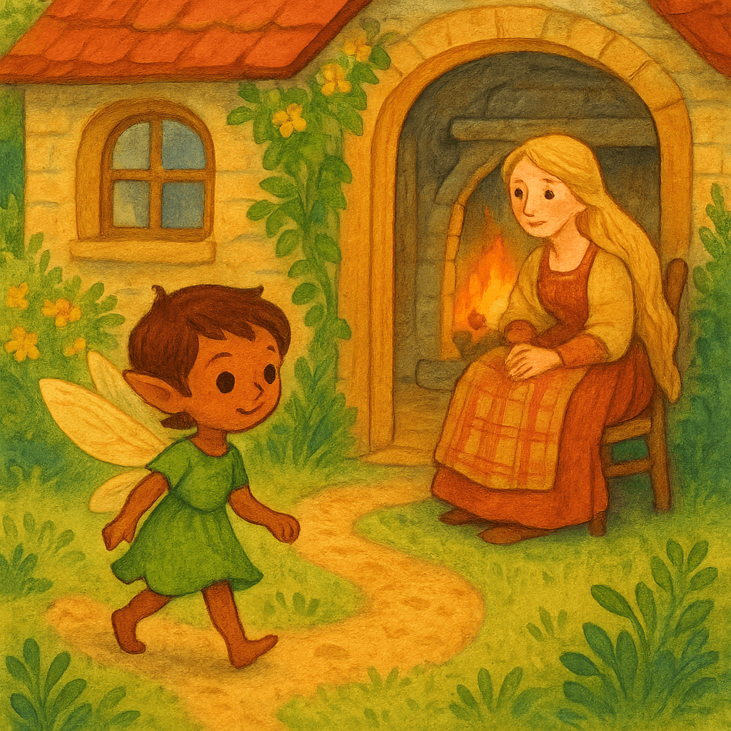 Фея входит в дом Мэриред и подходит к очагу.