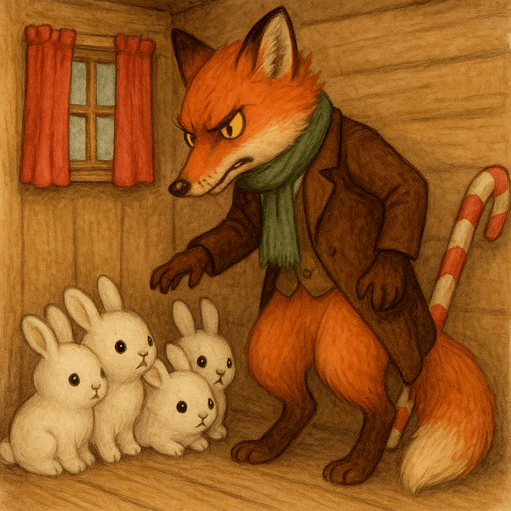 Крольчата испуганно смотрят на Лиса в домике