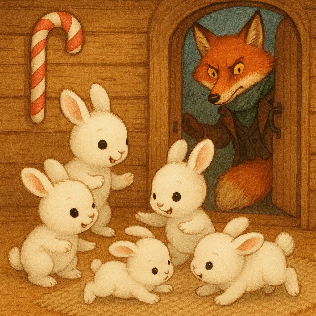 Крольчата играют в домике, а в дверь входит Лис