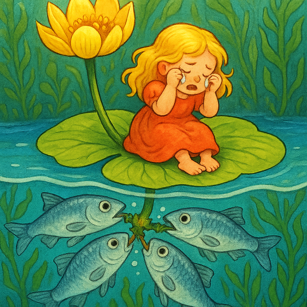 Рыбки спасают Дюймовочку, перегрызая стебель листа.