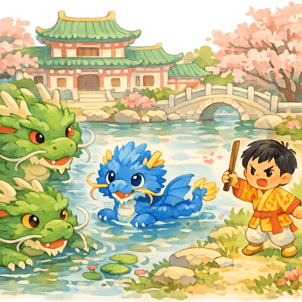 Принц размахивает палкой у пруда, где плавают драконы.