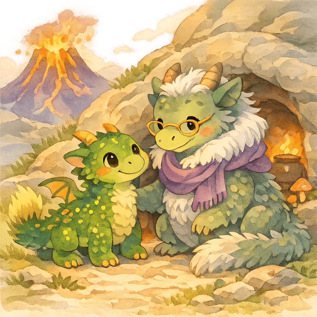 Дракон Эндрью и его бабушка у пещеры