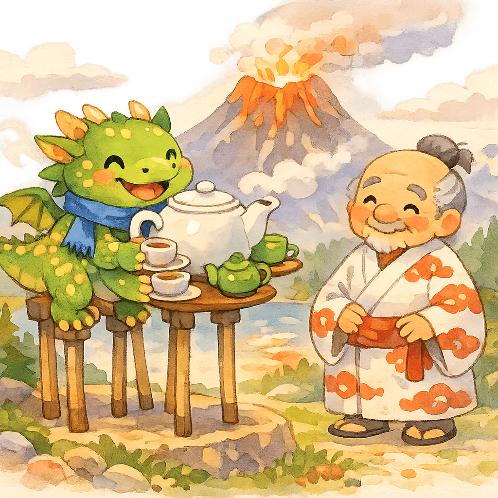 Дракон Эндрью получает чайники и чашки от волшебника