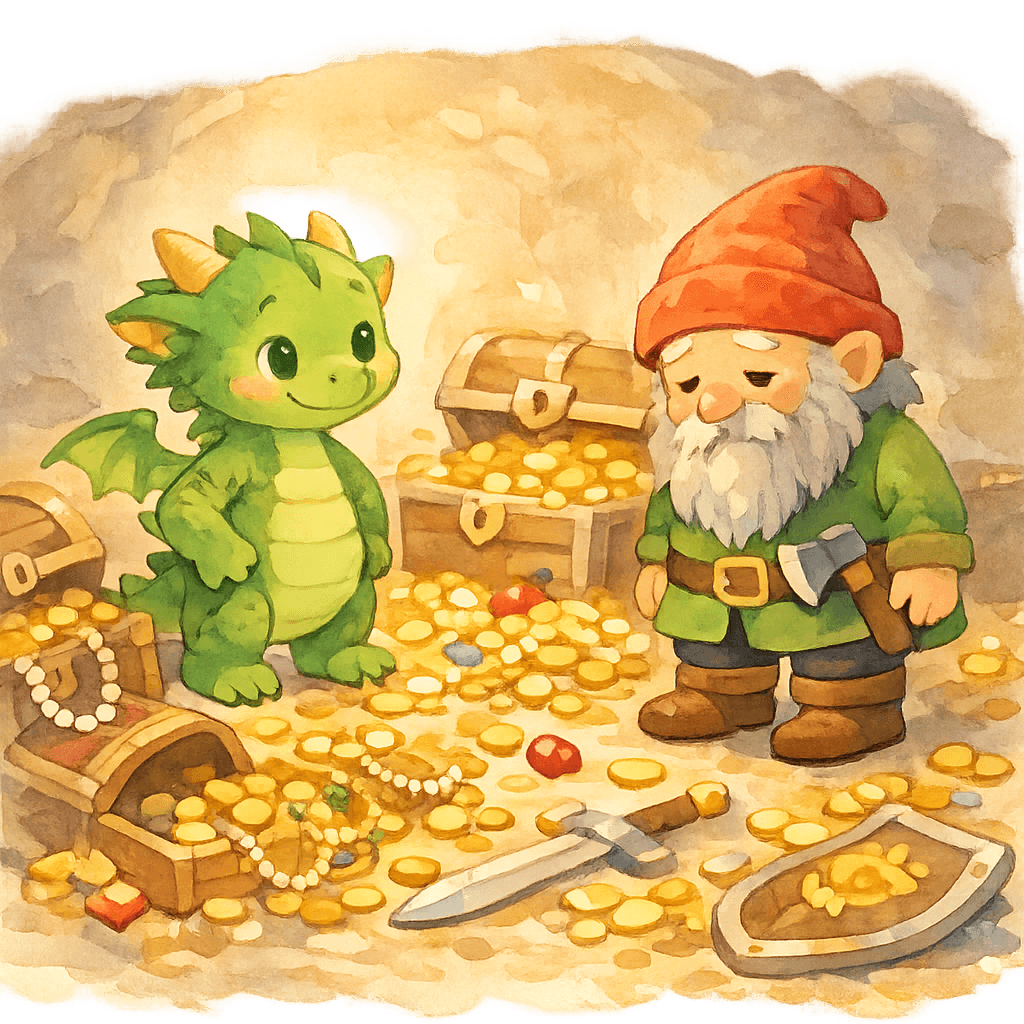 Дракоша и грустный гном среди рассыпанных сокровищ в пещере.