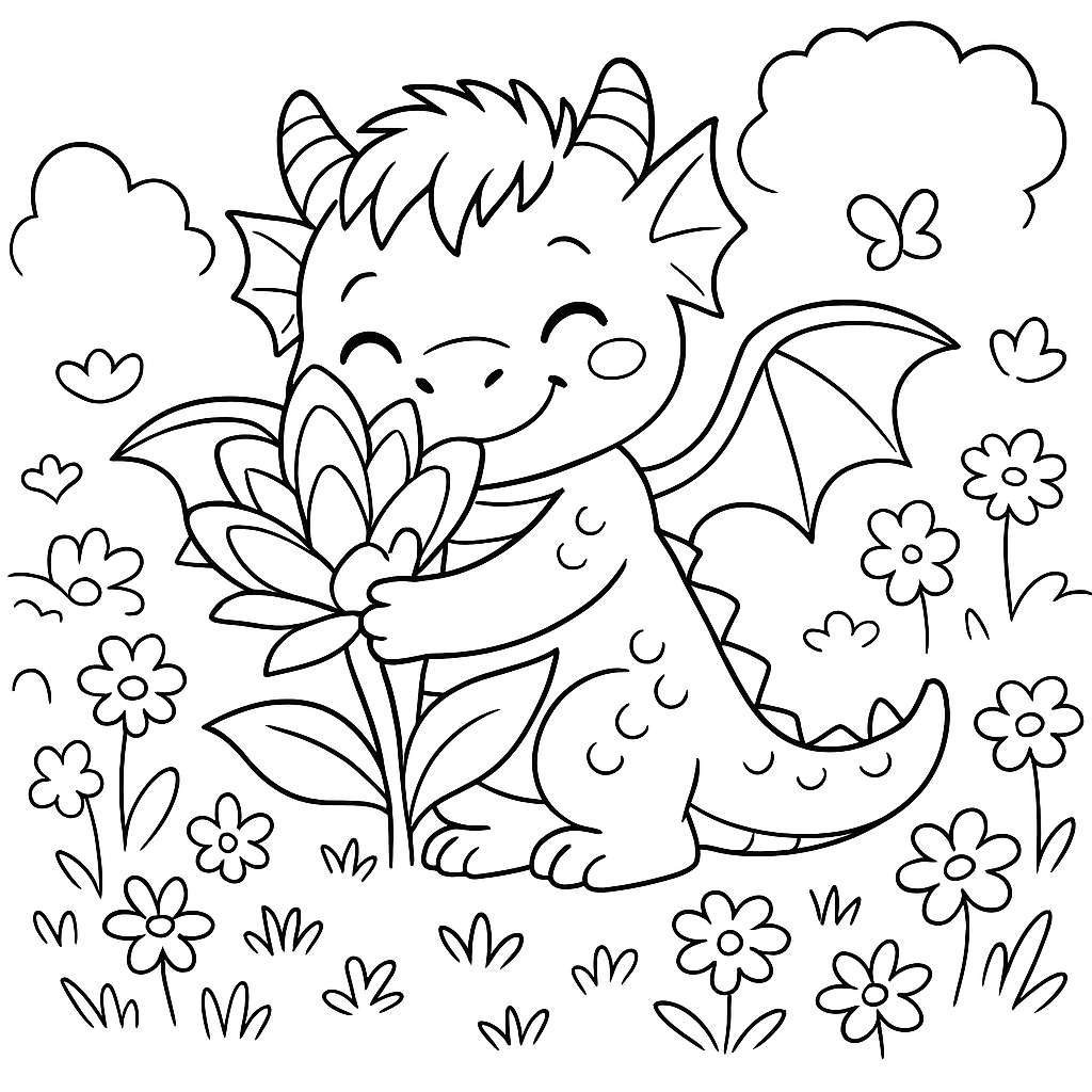 Раскраска по сказке "Сказка про дракошу, который любил цветы"