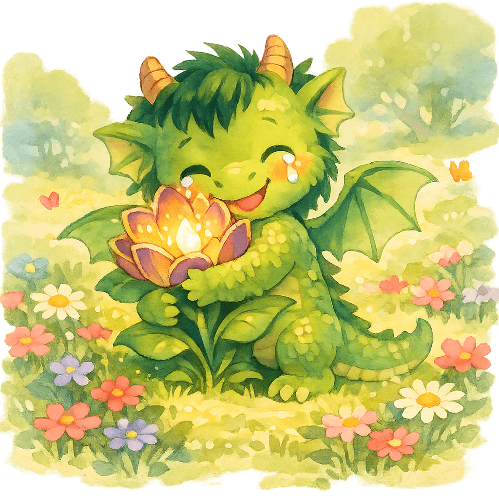 Дракоша обнимает волшебный цветок и радостно плачет.