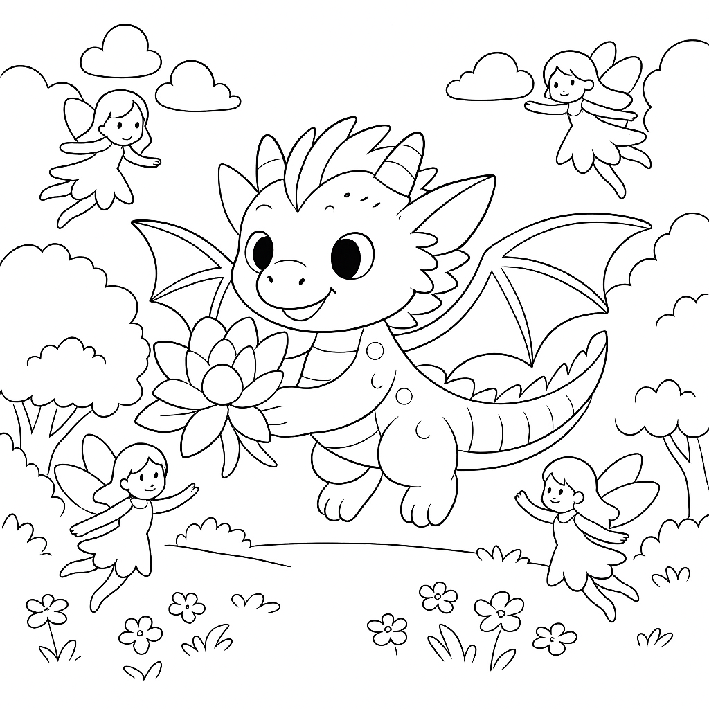 Раскраска по сказке "Сказка про дракошу, который любил цветы"