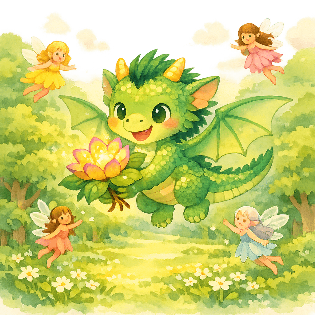 Дракоша летит над волшебным лесом, держа цветок, рядом летают феи.