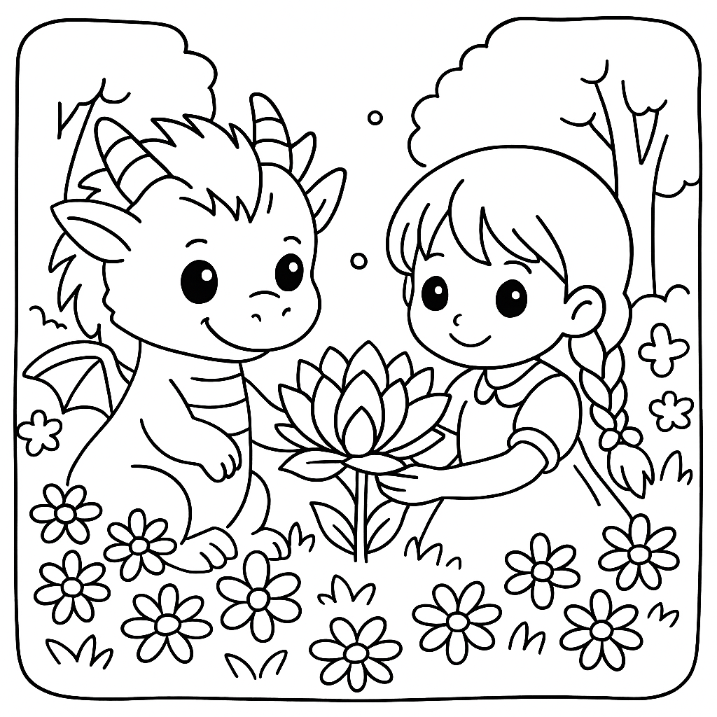 Раскраска по сказке "Сказка про дракошу, который любил цветы"