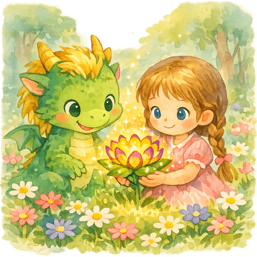 Девочка и дракоша смотрят, как оживает цветок, вокруг лёгкое сияние.