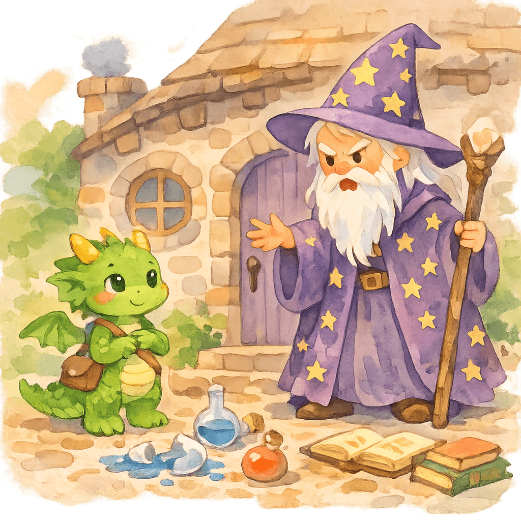 Волшебник злится на дракошу, разбросаны зелья и волшебные предметы.