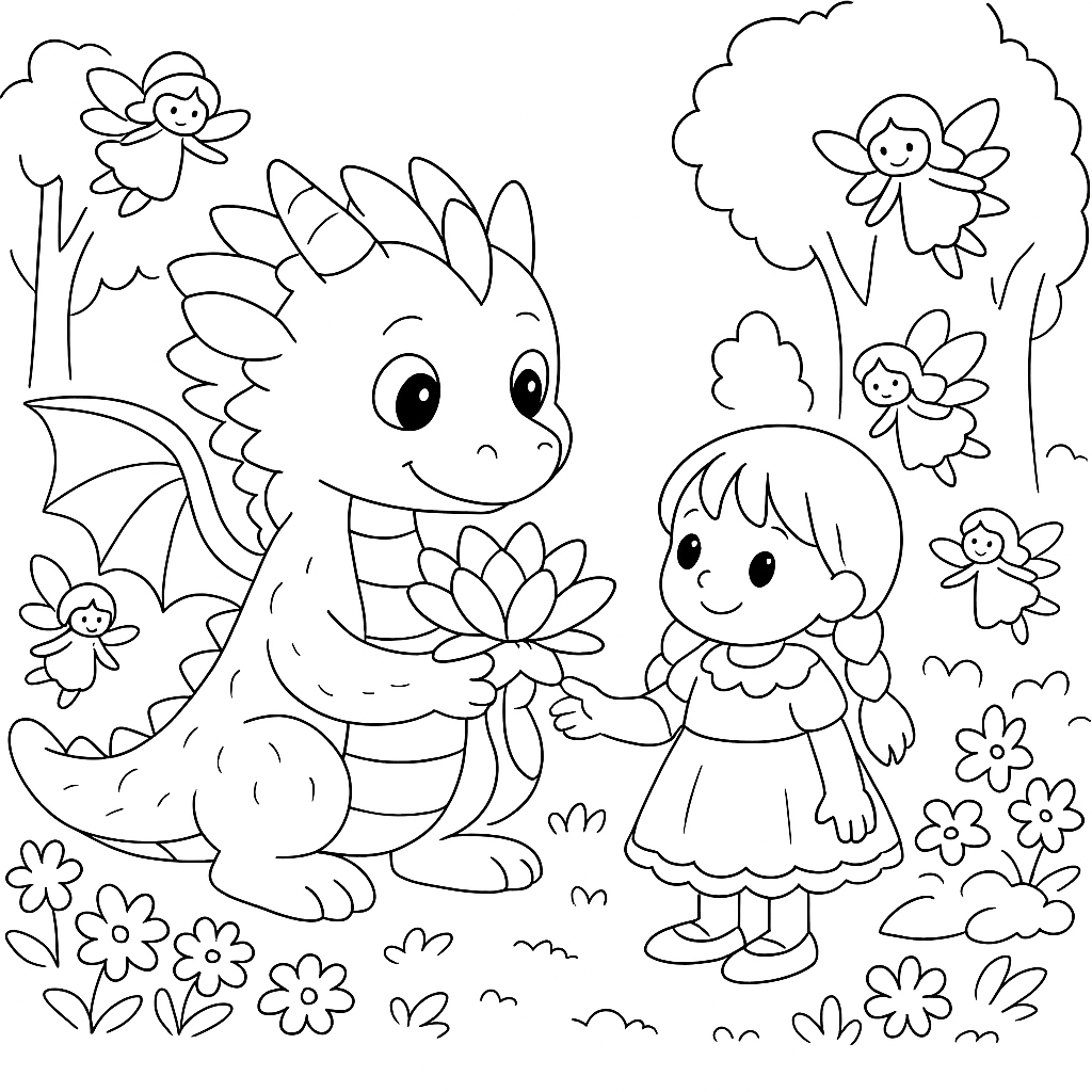 Раскраска по сказке "Сказка про дракошу, который любил цветы"