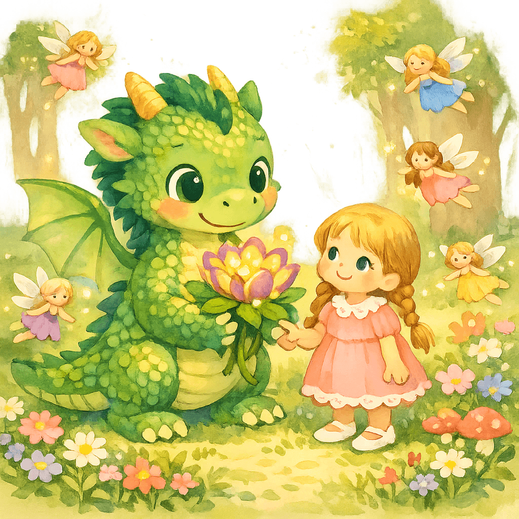 Дракоша держит волшебный цветок на поляне, рядом с ним стоит девочка и летают феи.