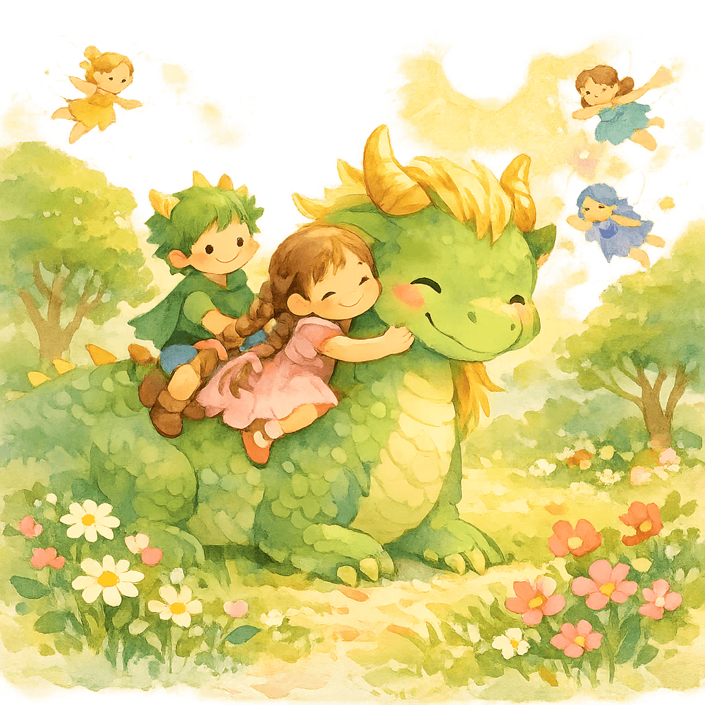 Девочка катается на спине у дракоши, в небе феи, вокруг волшебный лес.