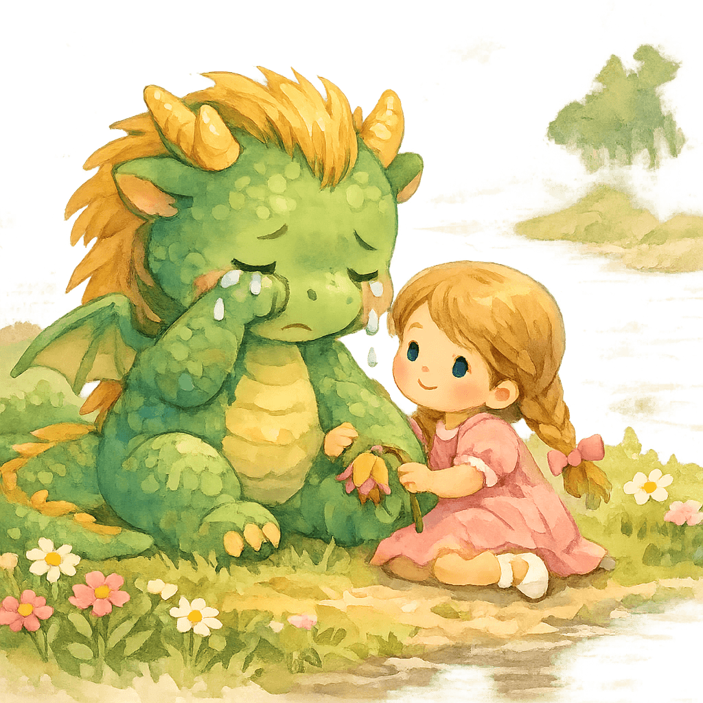 Дракоша плачет у реки, девочка его обнимает, в лапах цветок.