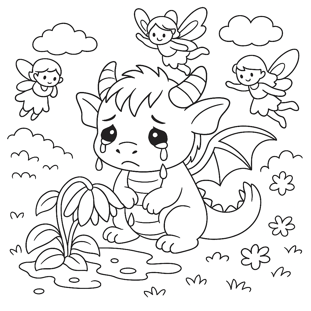 Раскраска по сказке "Сказка про дракошу, который любил цветы"