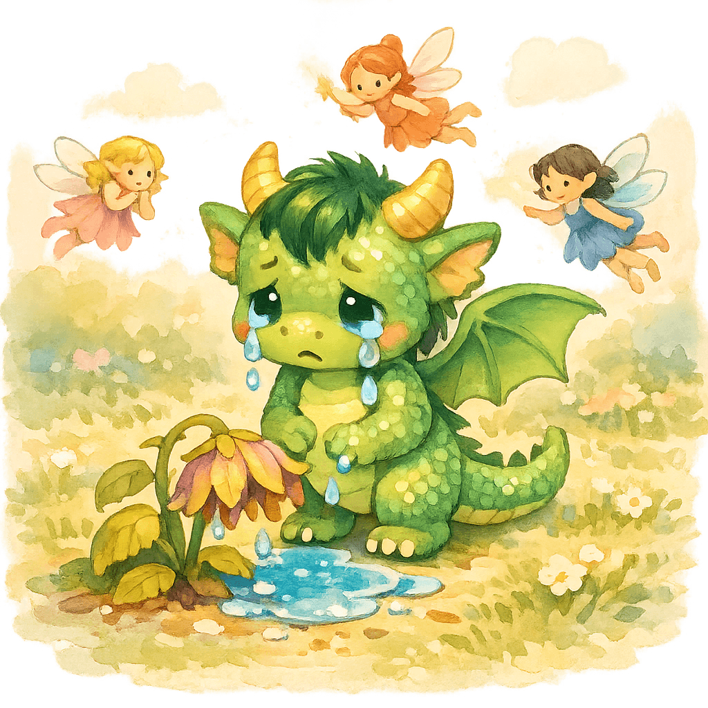 Дракоша плачет, посмотрев на завявший цветок, к нему слетаются феи.