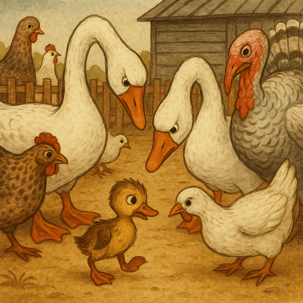 Хромка среди других птиц во дворе, гуси грозно смотрят