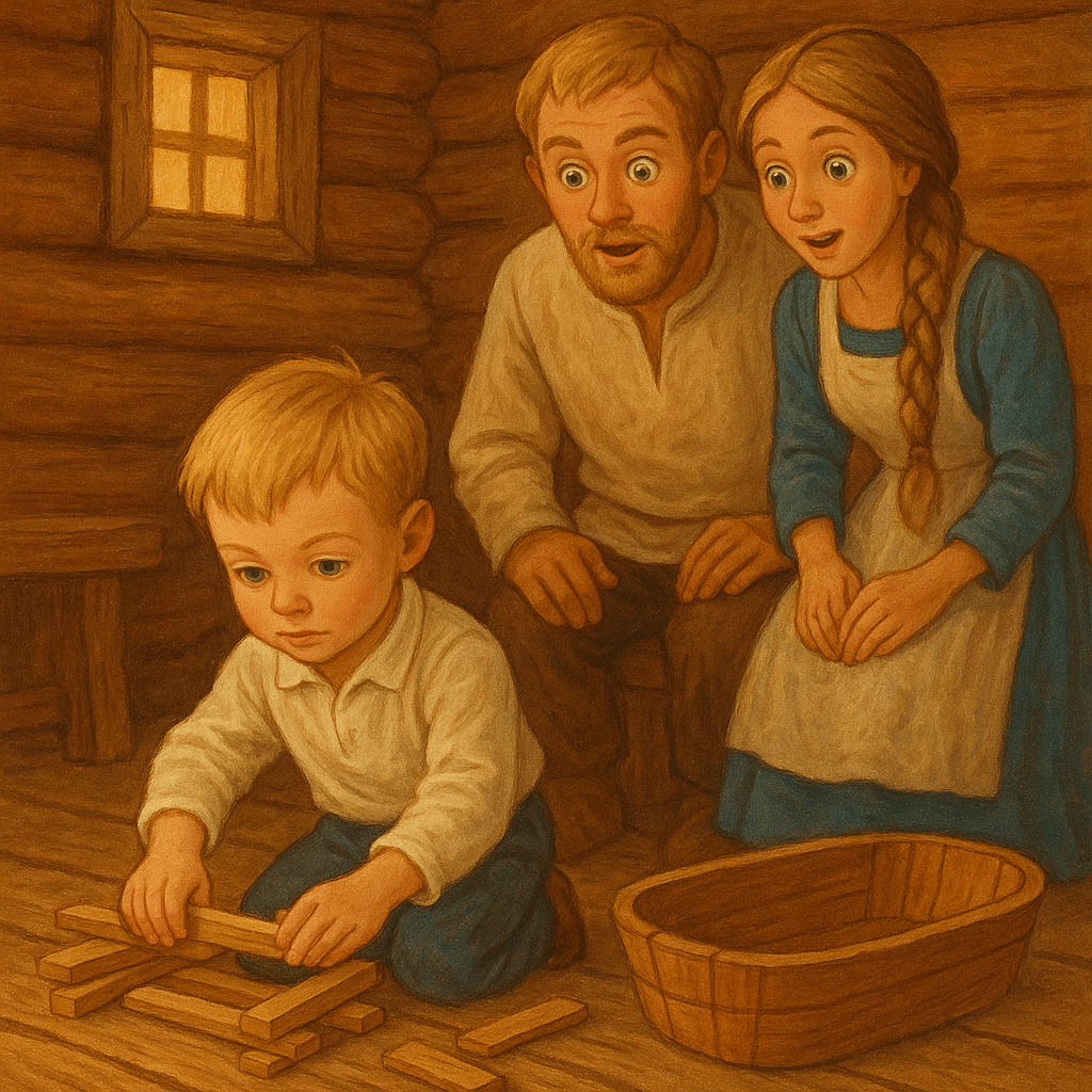 Мальчик складывает дощечки на лоханку, родители удивлённо смотрят на него.