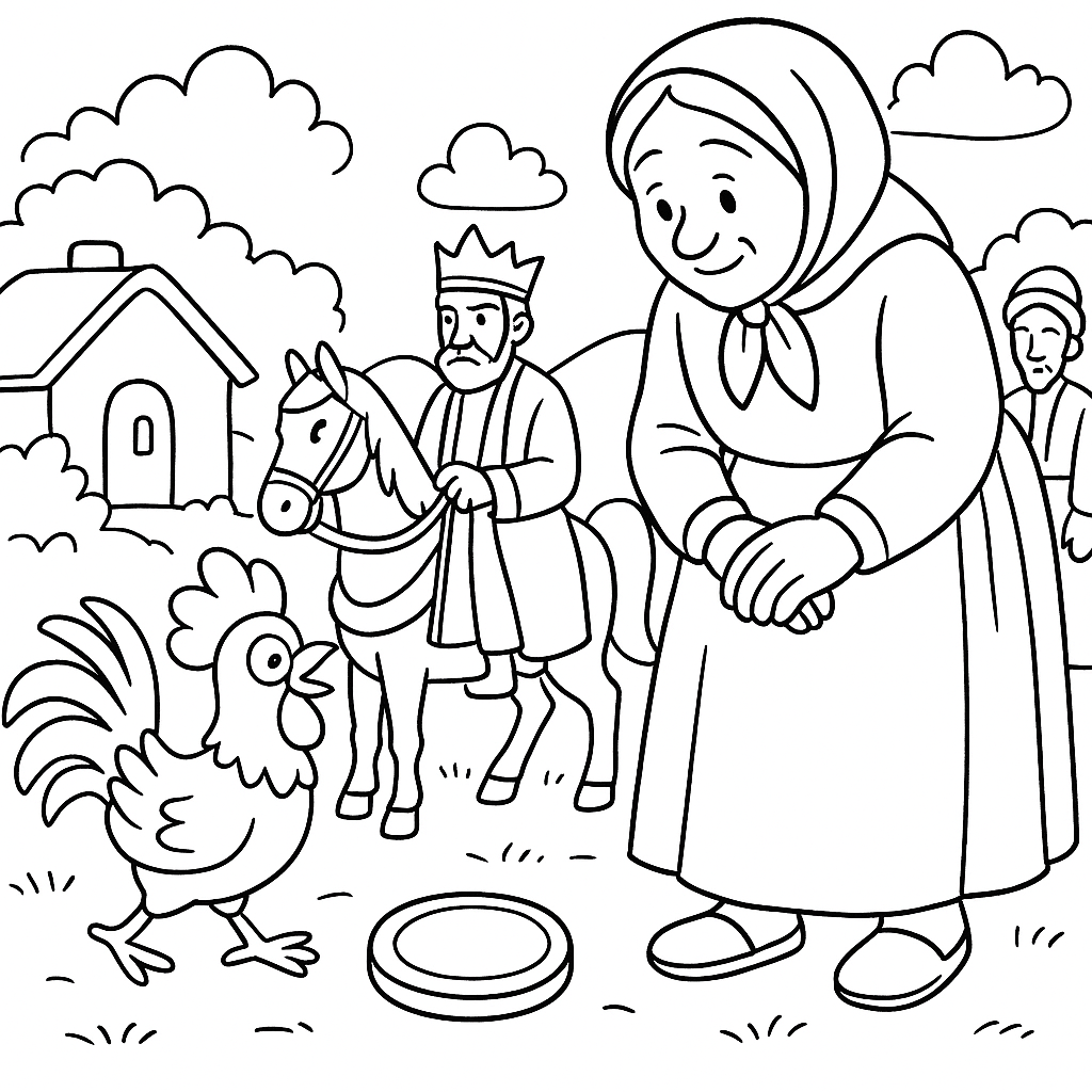 Раскраска по сказке "Маленький петушок и золотая монетка"