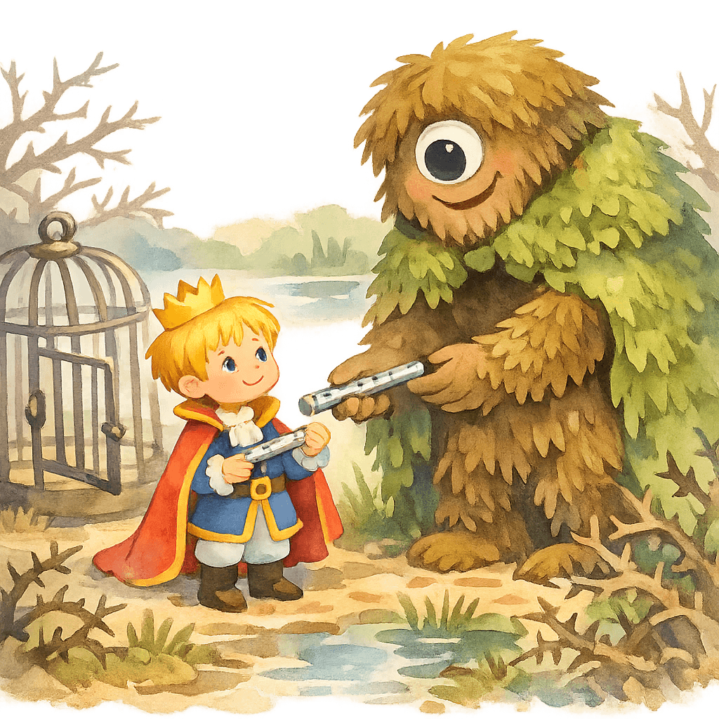 Леший дает принцу серебряную дудочку