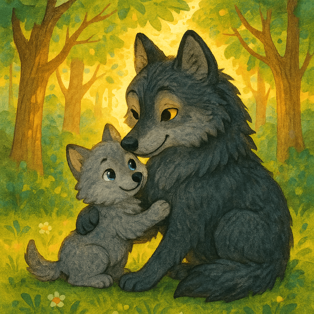 Волчонок встретился с матерью в лесу.