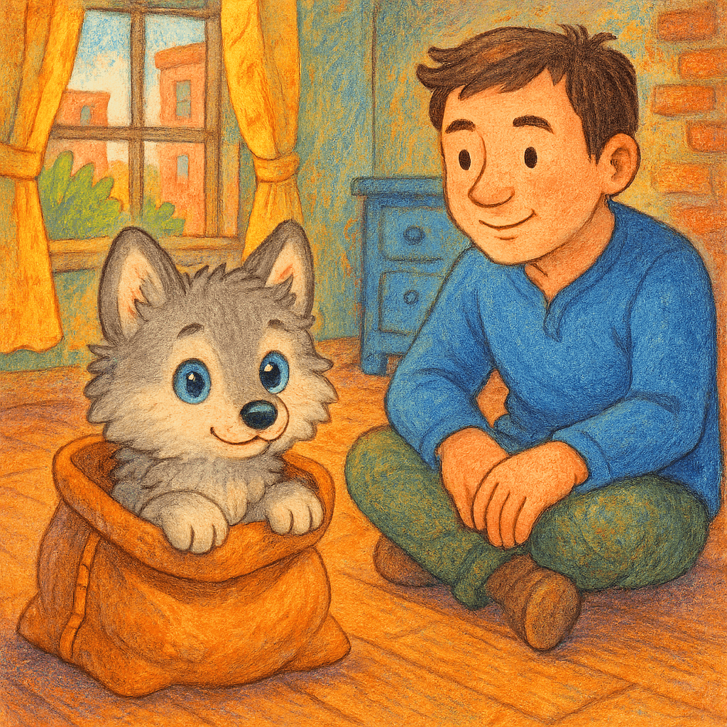 Волчонок выглядывает из мешка, человек следит за ним.